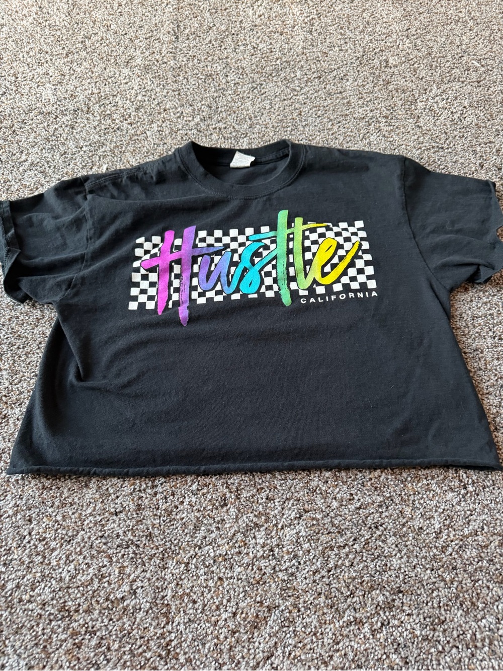 Hustle California Checkered Graphic Oversized Crop Tee Black Large rainbow